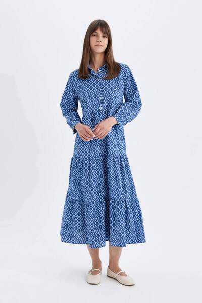 DeFacto Relax Fit Gömlek Yaka Desenli Poplin Uzun Kollu Maxi Elbise D0569AX24HS