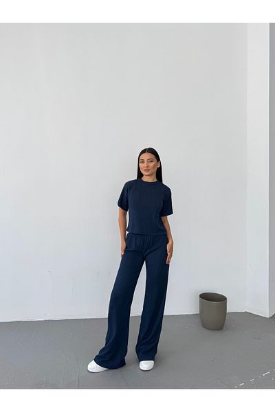 Bubble Women's Short Sleeve Top T-Shirt Elastic Waist Wide Leg Bottom Pants Two-Piece Set