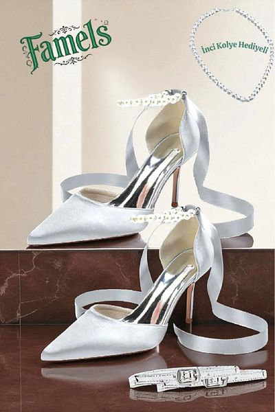 Famels Pearl stone high heels shoes pearl ankle silver evening dress shoes evening party shoes