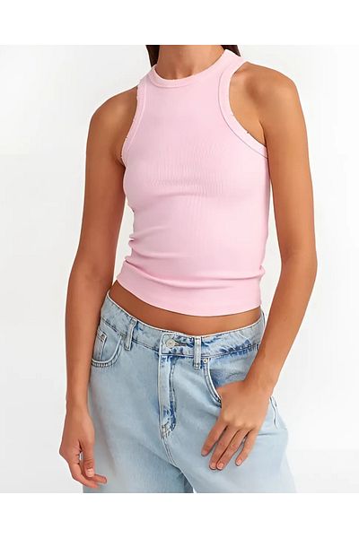 ablukaonline Дамска оребрена тениска Slim Fit, розова