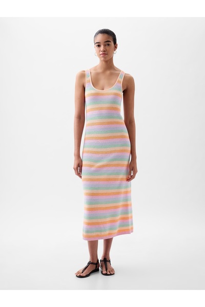 GAP Kadın Çok Renkli Keten Karışımlı Triko Midi Elbise