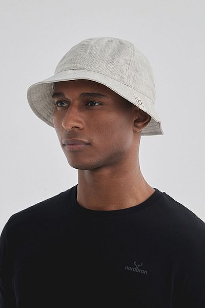 Nordbron Unisex Stone Color Linen Embroidered Logo Detailed Bucket Hat 100% Cotton Inner Lined Nolasco