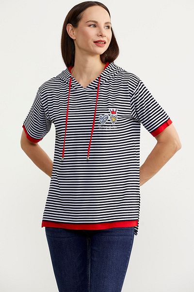 Sementa Hooded Color Combination Striped T-Shirt - Navy Blue