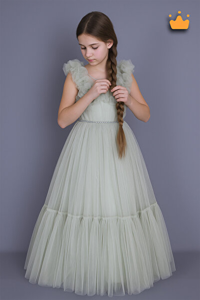 MİNİMONY 7-11 سنة فستان سهرة طويل للفتيات الصغيرات مزين برباط من التول فستان ...