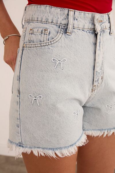 Fulla Moda Bow Embroidered Tassel Denim Shorts
