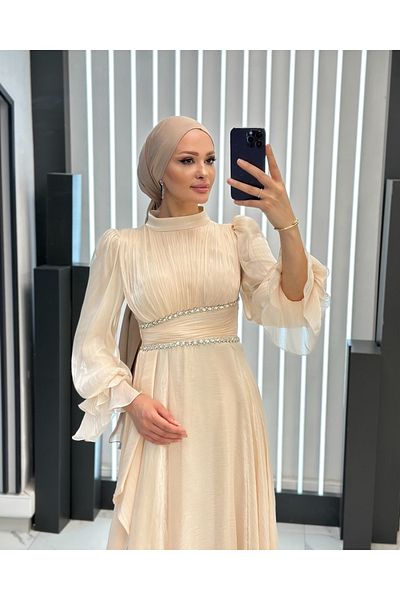 MERETTO By Akıl Jan Jan Fabric Judge Collar Waist Stone Lined Hijab Evening Dress