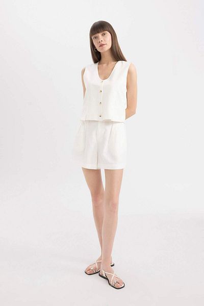 DeFacto White Linen Blended V-Neck Blazer Vest - D0513AX24SM