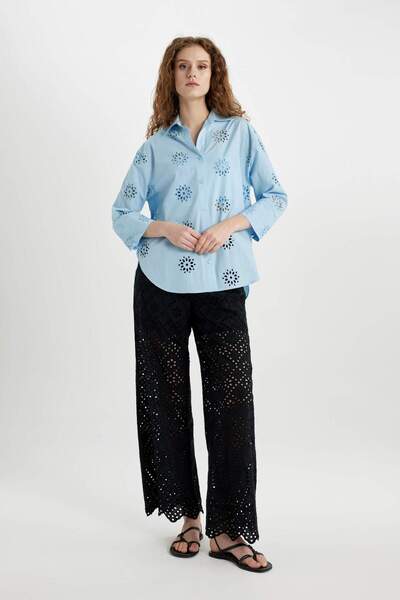 DeFacto Wide Leg Kumaş Pantolon Geniş Bol Paça Cepli Yüksek Bel Brode Delikli Uzun Boy C0320AX24SM