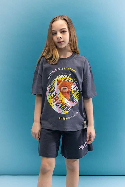 DeFacto Tricou cu mânecă scurtă cu imprimeu 3D pentru fete, oversize, cu decolteu lat, C5464A824SM