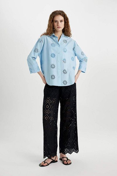 DeFacto High Waist Brode Perforated Wide Leg Pants - Long Length with Pockets C0320Ax24Sm