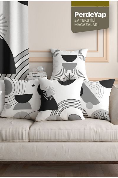 PerdeYap1980 Modern Monochrome Geometric Patterned 4-Piece Digital Printed Throw Pillow Cover 43 X 43 cm Black-Grey