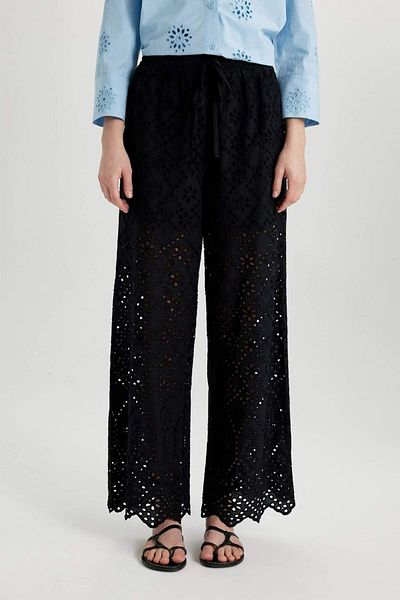 DeFacto High Waist Brode Perforated Wide Leg Pants - Long Length with Pockets C0320Ax24Sm