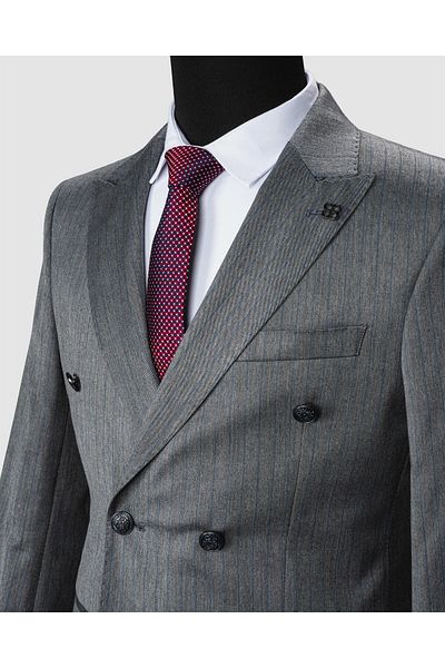 echol Ech. 2344-26 Gray Fabric Blue Striped Double Breasted Suit