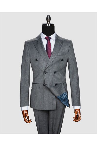 echol Ech. 2344-26 Gray Fabric Blue Striped Double Breasted Suit