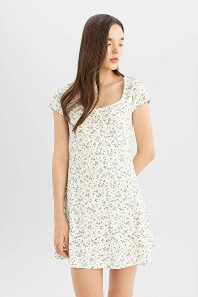 DeFacto Coool Penye Çiçekli Kısa Kollu Mini Elbise C8689AX24SM