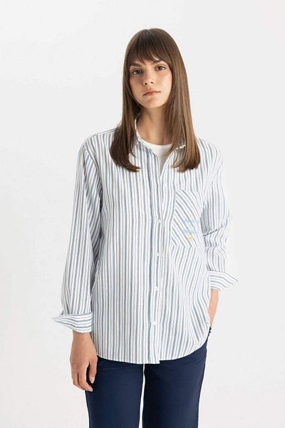 DeFacto Relaxed Fit Striped Cotton Tunic Shirt - Long Sleeve, Flamed C8854AX24SM