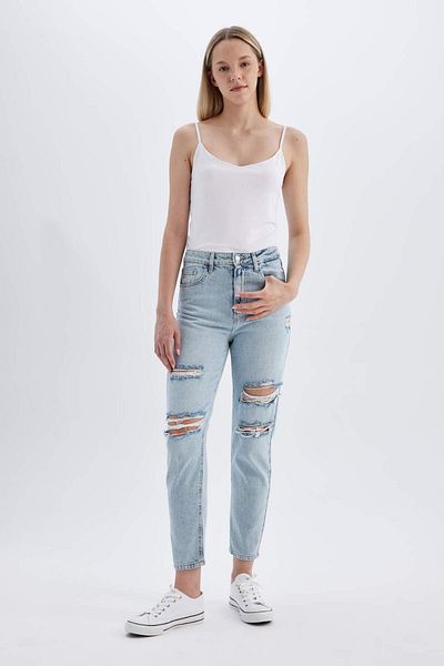 DeFacto Lina Mom Fit Detaliu rupt Talie înaltă Potrivire confortabilă Ușoară Picior îngust Pantaloni de jeans până la gleznă C