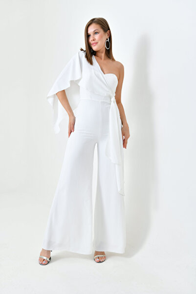 Viskosa White Shoulder Tie Chiffon Jumpsuit Evening Dress