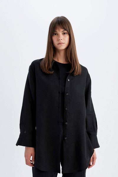 DeFacto Regular Fit Linen Basic Plain Long Sleeve Shirt Tunic D1844Ax24Sm