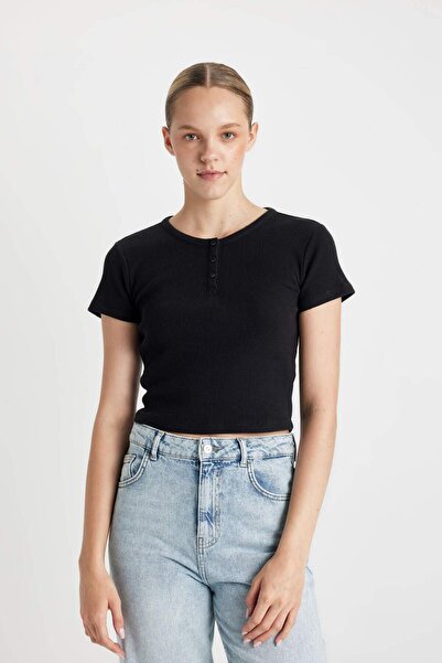 DeFacto Přiléhavé tričko s krátkým rukávem s vaflovým výstřihem D1189AX24SM