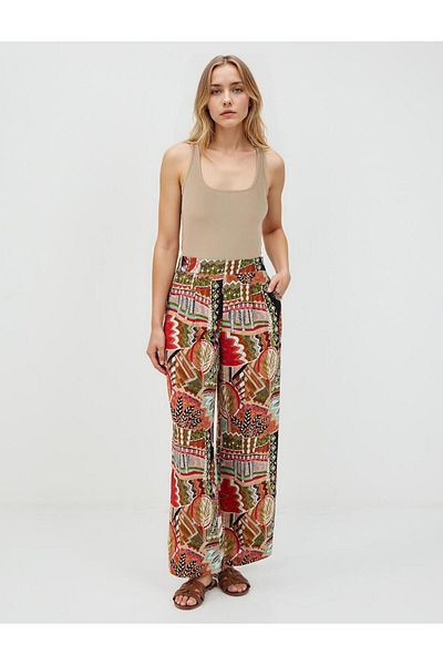 Jimmy Key Green High Waist Wide Leg Long Patterned Trousers