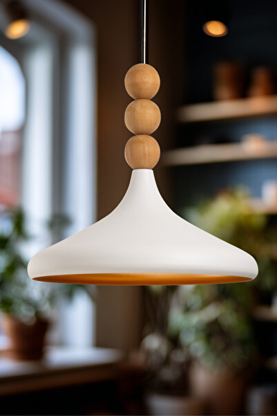 AmberLED Stella Ahşap Boncuk Detaylı Tekli Beyaz-Gold Sarkıt Aydınlatma, Meta...