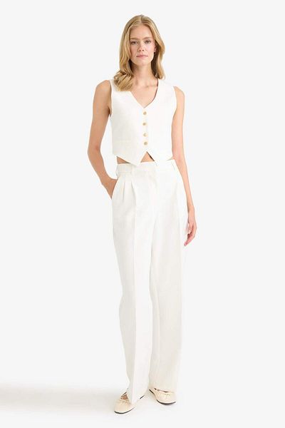 DeFacto Crop V-Neck Linen Blend Blazer Vest C7798Ax24Sm