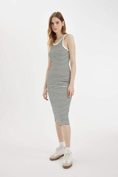 DeFacto Ribbed Sleeveless Midi Dress - Bodycon Halter Neck, Striped Camisole C8845AX24SM