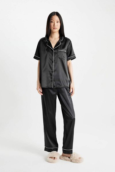 DeFacto Satin Pajama Set - Short Sleeve, Top and Long Bottom D0916Ax24Sm