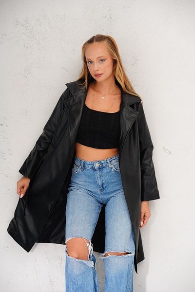 İLKCET MODA Μακριά καμπαρντίνα από συνθετικό δέρμα χωρίς κουμπιά