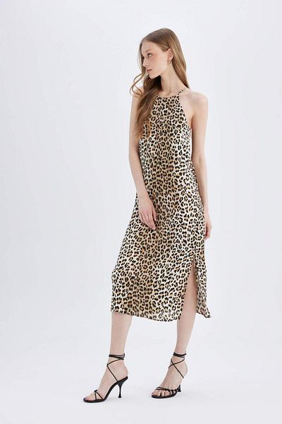 DeFacto Satin Maxi Dress - Halter Neck, Leopard Print and Slit D1165AX24SM