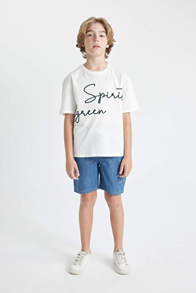 DeFacto Boy's Embroidered Oversize T-Shirt - Crew Neck, Short Sleeve C5084A824HS