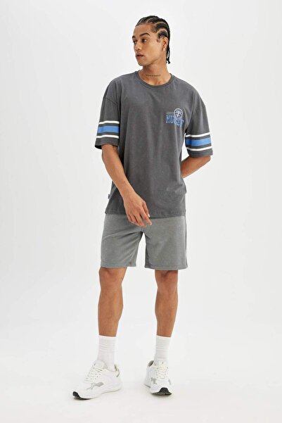 DeFacto DeFactoFit NBA Denver Nuggets Oversize Geniş Kalıp Bisiklet Yaka Ağır Kumaş Kısa Kollu Tişört B9903A