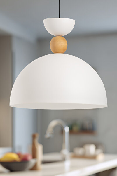 AmberLED Celesta Ahşap Boncuk Detaylı Beyaz Sarkıt Aydınlatma Metal Sıvama Ev...