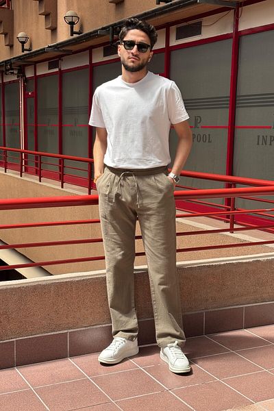 inpool Male, Elastic Waist, Wide Cut, Linen Webbing, Cotton, Pleated Pants 302