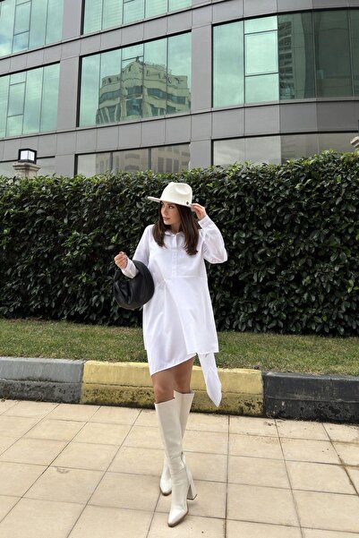 NEW LAVİVA Γυναικείο γιακά λευκό πουκάμισο, μακρυμάνικο, ασύμμετρη εφαρμογή, φαρδύ, μίντι τουνίκ φόρεμα