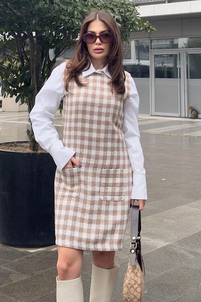 NEW LAVİVA Beige Double Pocket Dress for Women, Zero Sleeve, Thick Sling, Midi Length, Tweed