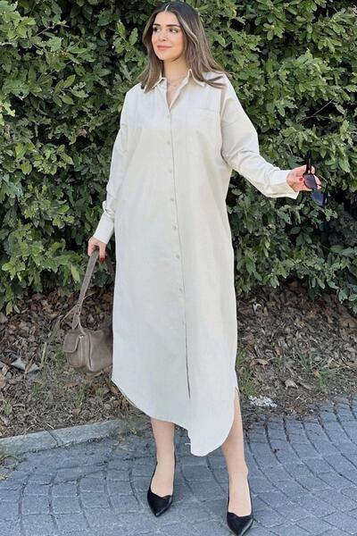 NEW LAVİVA Ecru Poplin Shirt Dress - Long Sleeve, Oval Skirt, Loose and Tall