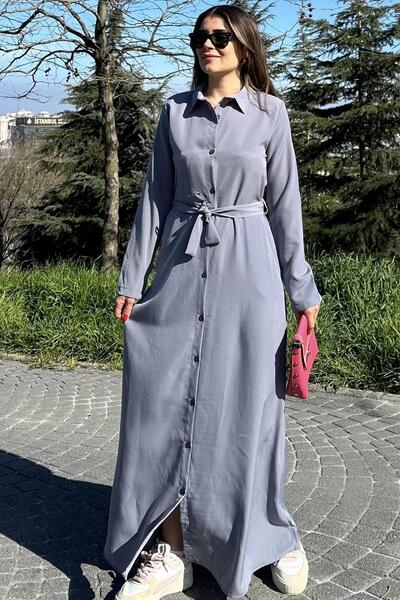 NEW LAVİVA Kadın Gri Kupra Kumaş, Uzun Kol, Beli Kuşaklı, Vucüda Oturan Kalıp, Uzun Gömlek Elbise