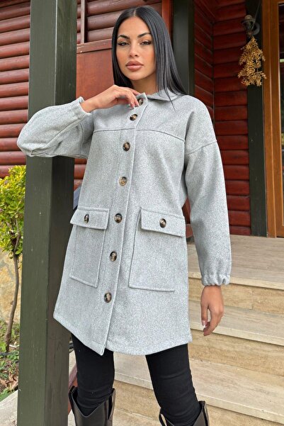 NEW LAVİVA Buzunar acoperit cu nasturi gri, jachetă Midi Fleece Stamp