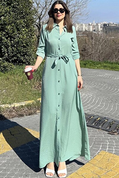 NEW LAVİVA Kadın Mint Yeşil Kupra Kumaş, Uzun Kol, Beli Kuşaklı, Vucüda Oturan Kalıp, Uzun Gömlek Elbise