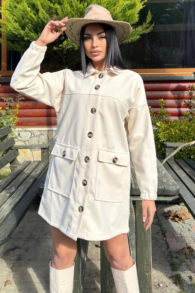 NEW LAVİVA Stone Button Detailed Flap Pocket, Midi Fleece Stamp Jacket
