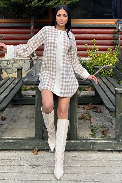 NEW LAVİVA Рокля с дължина до коляното, с широки маншети и шарка от кожа на норка, изработена от плат Chanel