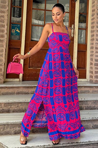 NEW LAVİVA Kadın Fuşya İp Askılı, Straplez Yaka, Yırtmaçlı, Rahat A Kesim, Uz...