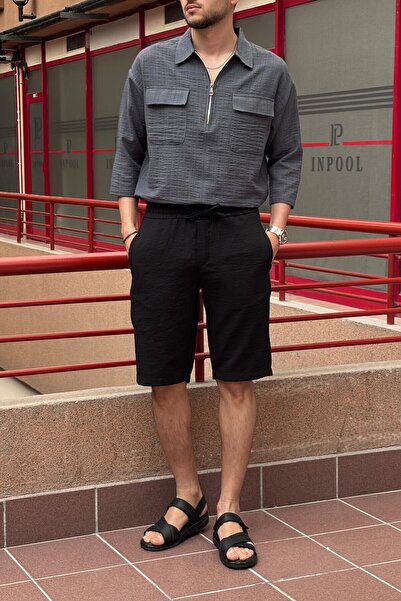 inpool Men's Elastic Waist Regular Fit Seersucker Texture Shorts-Bermuda 297