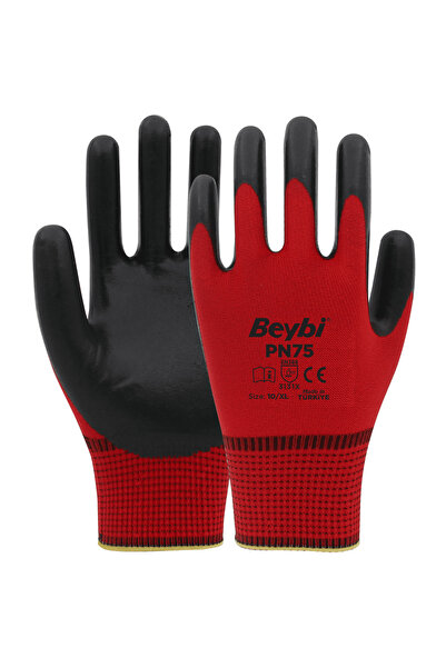 Beybi Pn75 Red Polyester Knitted Nitrile Gloves 12 Pieces