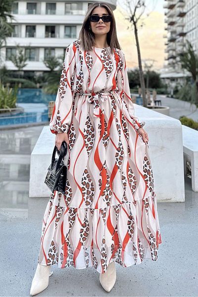 NEW LAVİVA Women's Red & Beige Long Balloon Sleeve, Round Neck, Belted Waist, A-Line, Maxi Dress