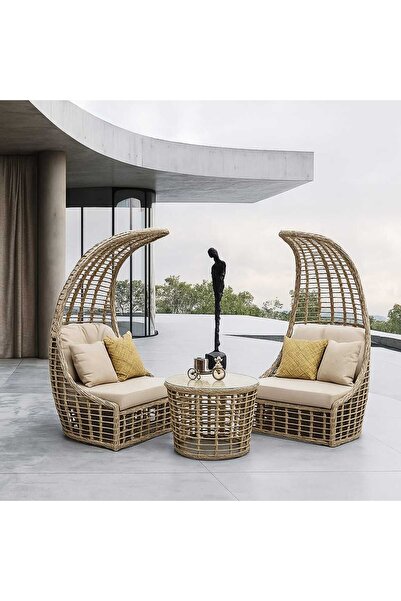 SimHouse Seashell Rattan Bahçe Takımı 2 Koltuk + Sehpa
