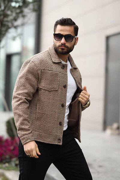 inpool Unisex, guler de cămașă, buzunar dublu, potrivire standard, jachetă țesătă USE589