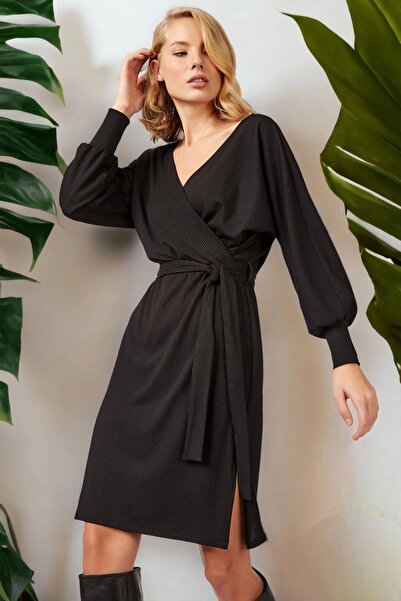 NEW LAVİVA Women's Black Double Breasted Collar Slit Detailed Long Sleeve Bel...